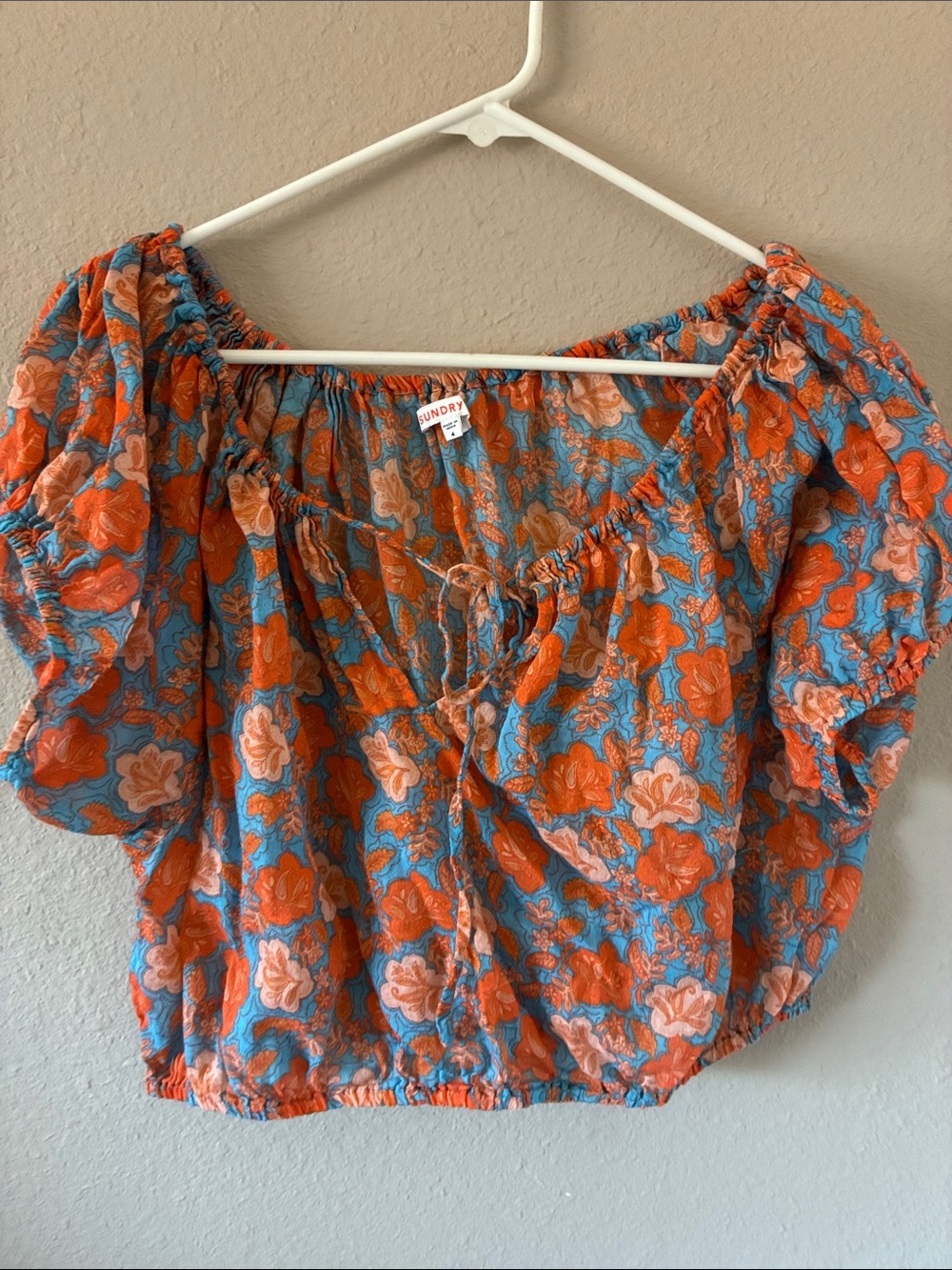 Sundry Teal & Orange Floral Off-Shoulder Tie-Front Crop Top